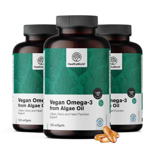 3x Omega-3 vegano 1000 mg – da alghe, totale 360 capsule molli